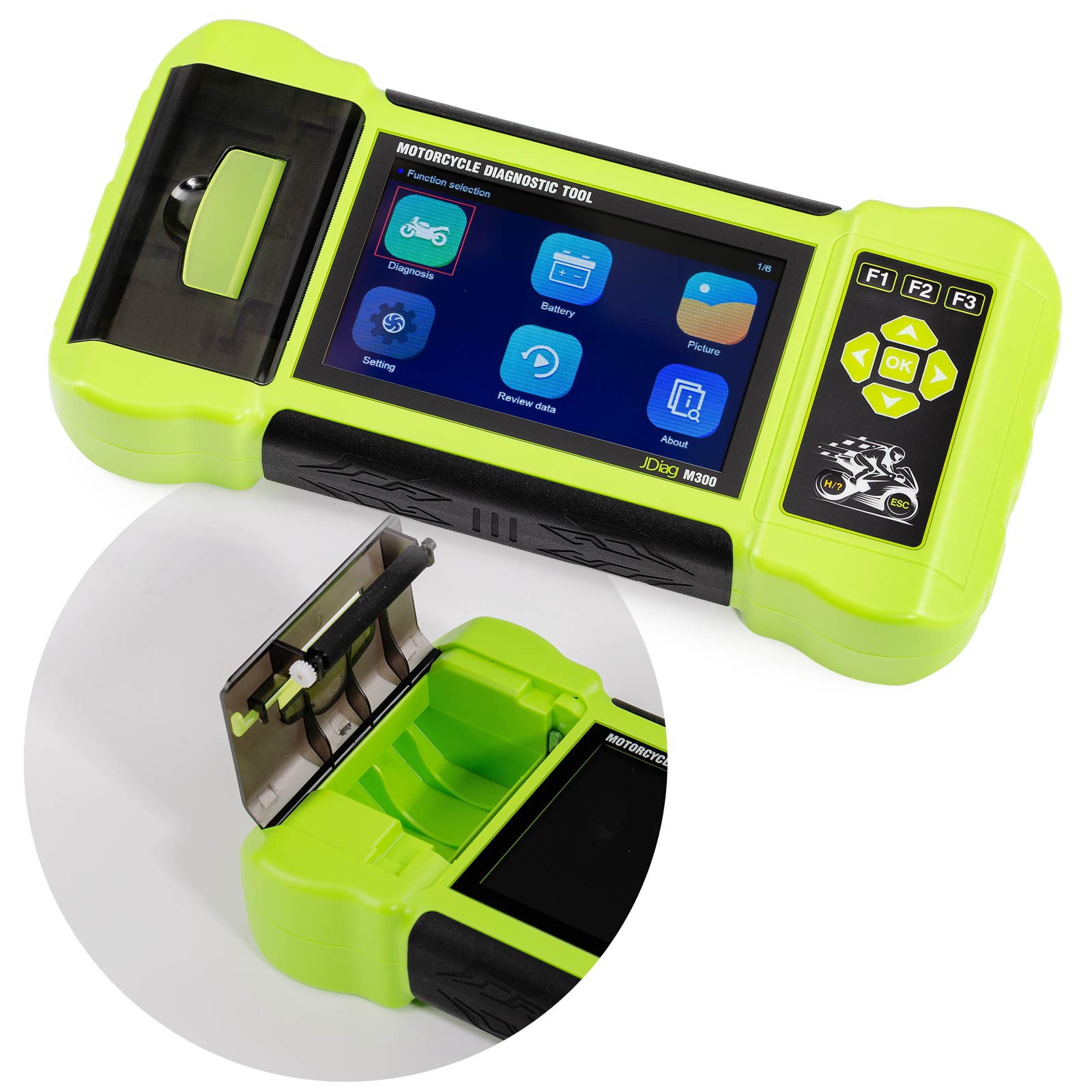 Angled close-up of the light-green JDiag M300 and its built-in diagnostic report printer
